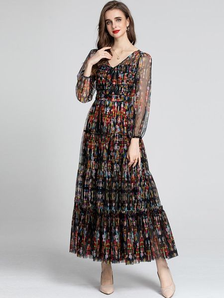 

casual dresses moaayina fashion designer dress summer women's v neck lantern sleeve print chiffon long vintage vacation party, Black;gray