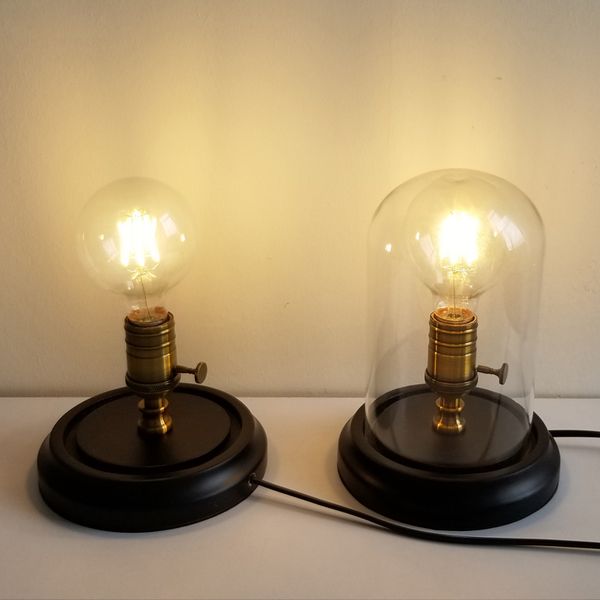 Lampada da tavolo Loft vintage industriale in legno nero Lampadina Edison retrò Base in legno Luci da scrivania a LED con interruttore o paralume in vetro
