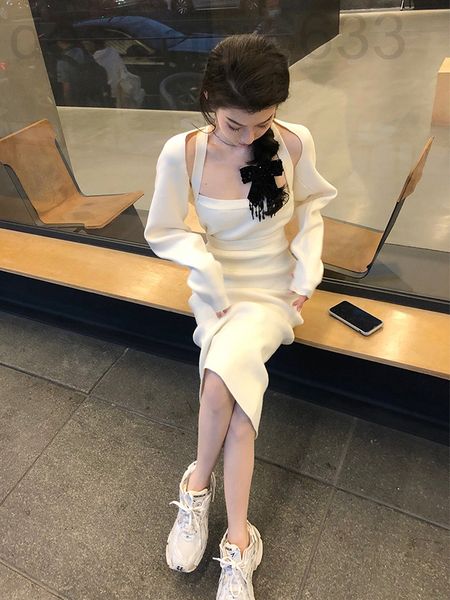 

casual dresses designer 8535# autumn clothes temperament goddess sweater set women's and winter knitted dress two-piece gd2w, Black;gray