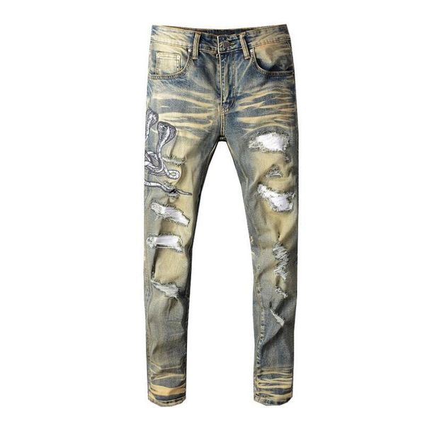 

men's jeans delivery 2022 snake embroidered retro denim slim skinny holes pu leather patchwork stretch pants, Blue