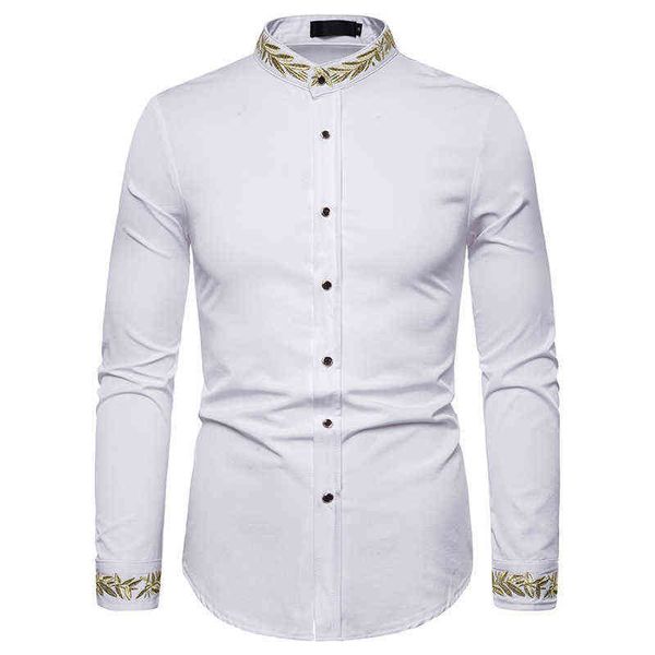 Camicie bianche da ricamo a vita bassa da uomo Camicie bianche slim fit con colletto alla coreana Camicia elegante da uomo da sposa Business Casual Camisa Social Masculina L220704