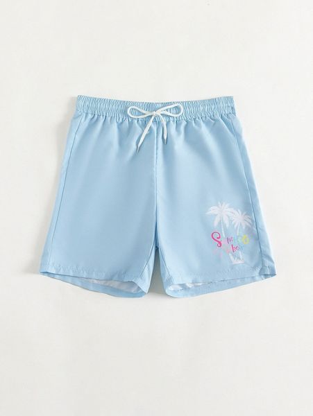 

men coconut tree & letter graphic drawstring waist shorts l0bp#, White;black