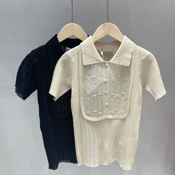 

702 2022 milan runway summer brand same style sweater short sleeve lapel neck black pullover womens changji, White;black