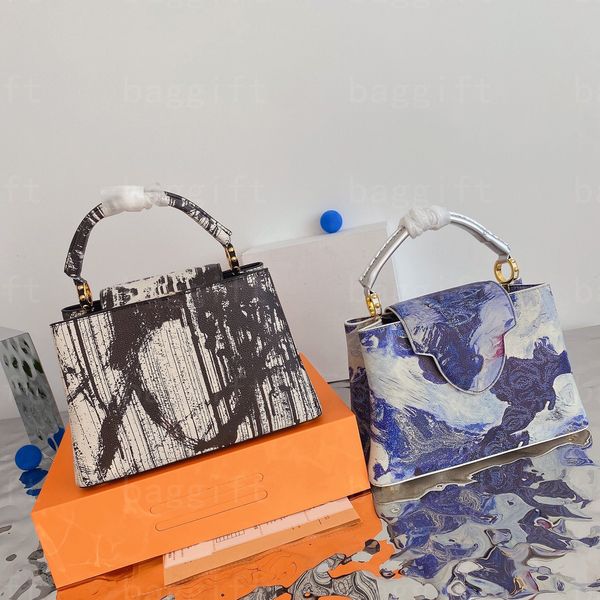 

designer 1854 capucines bb cross body bag taurillon onthego tote multicolor joint embroidery flower shoulder handbag lady landscape printing, Red;black