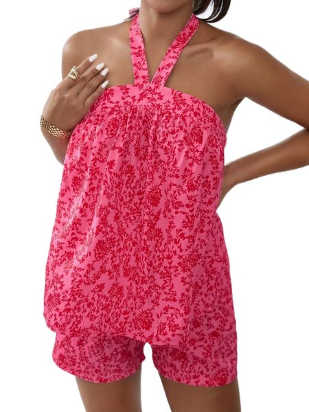 

allover floral print halter & shorts 73us#, White