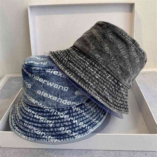 

king hat new jean fisherman worn looking washed-out cotton couple bucket jacquard letter all-matching sun235z, Blue;gray