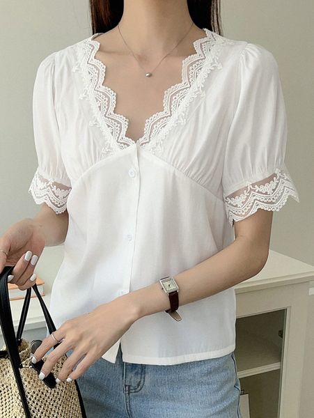 

dazy contrast lace puff sleeve blouse x5iu#, White