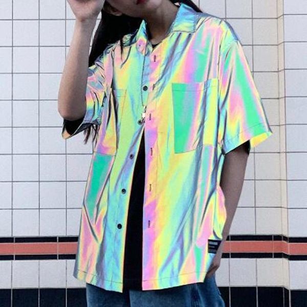 

men's casual shirts drop reflective men short sleeve shirt street hip hop punk blouse man vintage rainbow clothing men's, White;black