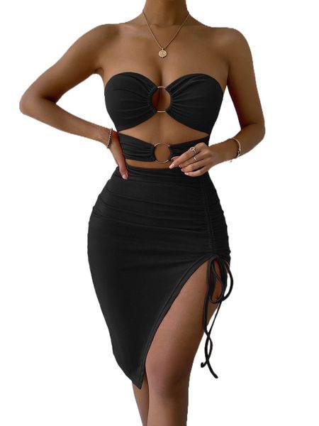 

ring cut out front split thigh tube dress 98my#, Black;gray