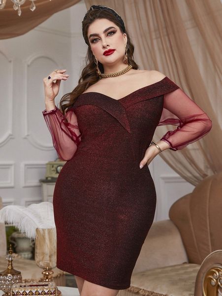 

plus contrast mesh lantern sleeve off shoulder glitter dress u5yl#, Black