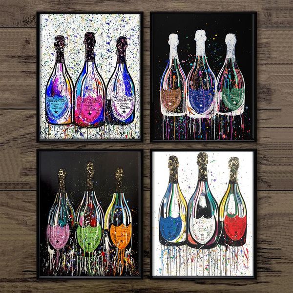 Bunte Pop Art Champagner Flasche Poster Leinwand Malerei Wand Drucke Bilder für Wohnzimmer Küche Moderne Wohnkultur Cuadros