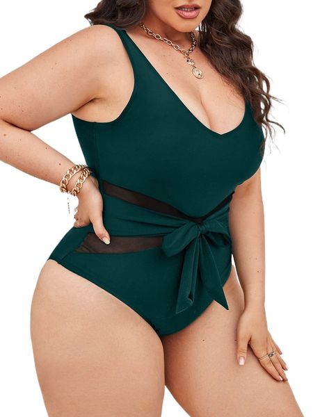 

plus mesh panel knot front one piece swimsuit t7hi#, White;black