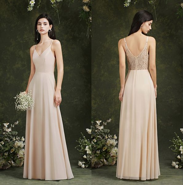 

champagne lace chiffon bridesmaid dresses a line v-neck summer bohemian beach wedding guest maid of honor gowns spaghetti strap formal wears, White;pink