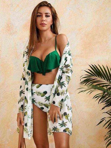 

three 2022 swimsuit piece set pine printed bikini mesh split women, White;black