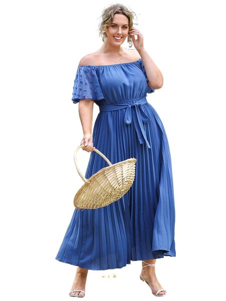 

plus swiss dot off shoulder pleated belted dress 533t#, Black