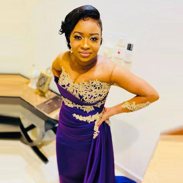 

purple mermaid prom dresses with sheer neck illusion long sleeves lace appliques side train aso ebi evening gowns, Black