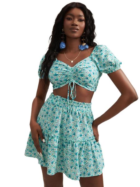 

x yin creative studio ditsy floral print drawstring crop & frill trim skirt v0h4#, White