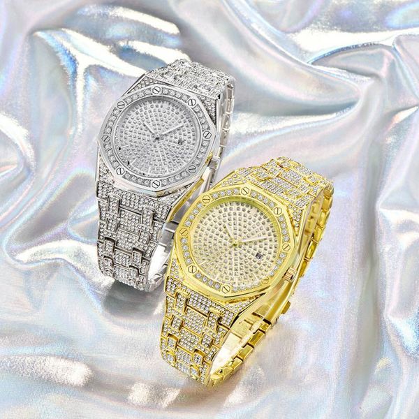 Relógios de pulso Hip Hop Ice Out Watch Mens Relógios Gelado Aço Inoxidável Quartzo À Prova D 'Água Para Homens Charme Jóias