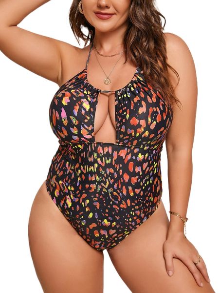 

plus leopard tie back halter one piece swimsuit w0qd#, White;black