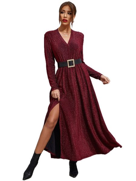 

split thigh belted glitter dress i3fu#, Black;gray