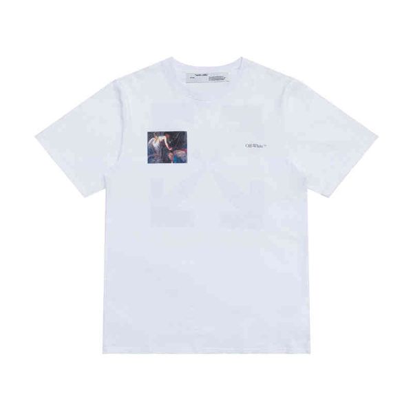 

factory direct sales designer new brand short sleeve wholesale spring summer off painting series printed round neck pullover men's wome, White;black