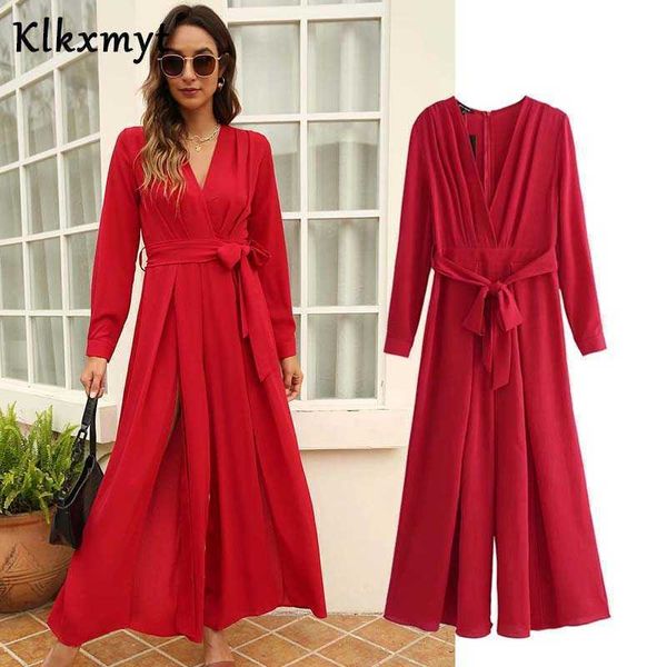 

klkxmyt za jumpsuit women spring chic fashion with sashes jumpsuits vintage long sleeve v neck female playsuits mujer 210527, Black;white