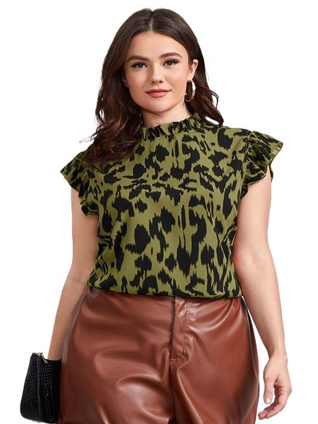 

plus frilled neck ruffle sleeve allover print r88n#, Black