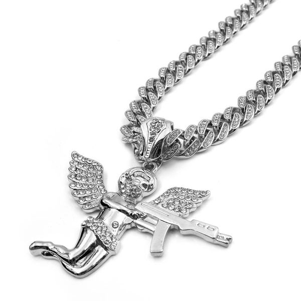 

pendant necklaces fashion 13mm gold silver color crystal angel pendants cuban link chain necklace men women iced out hip hop jewelry gift