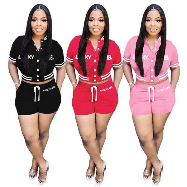 

lucky label summer tracksuits women outfits embroidery letters short sleeve jacket shorts two piece set tracksuits casual jogging suit 7205, Gray