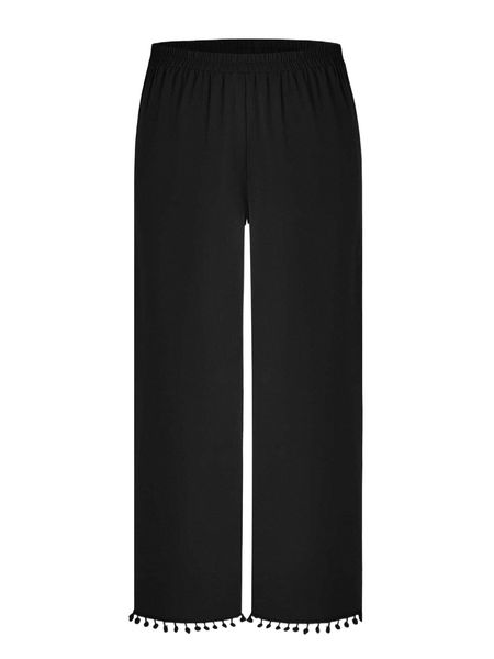 

plus pom pom trim straight leg pants k1cd#, Black