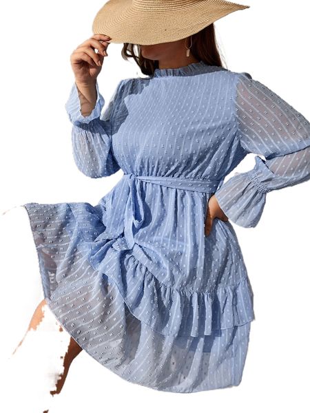 

plus swiss dot belted ruffle hem dress y68u#, Black