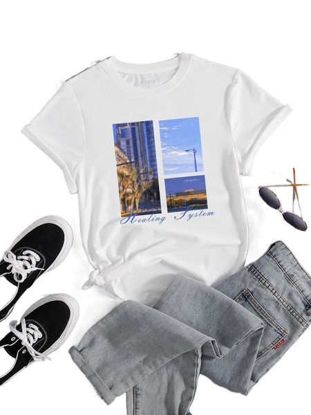 

picture and l.etter graphic tee w0re#, White