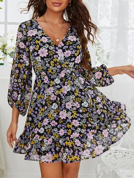 

allover floral print lantern sleeve ruffle hem chiffon dress d68a#, Black;gray