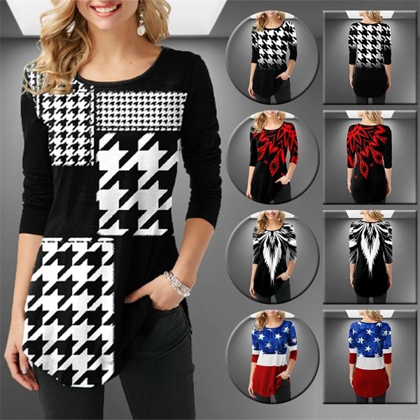 

houndstooth flags printing oversized t-shirt female clothing harajuku vintage y2k women long sleeve aesthetic tunic 220321, White