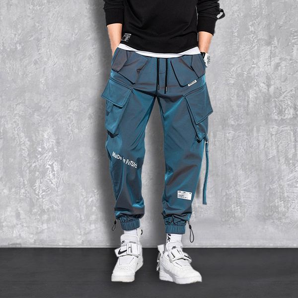 

fashion streetwear men reflective hip hop loose cargo pants male joggers ribbon men harem pants maletrousers 220816, Black