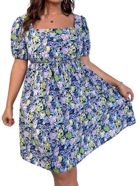 

plus allover floral print square neck puff sleeve dress d4tc#, Black
