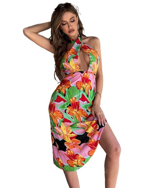 

floral print crossover backless halter dress k7od#, Black;gray
