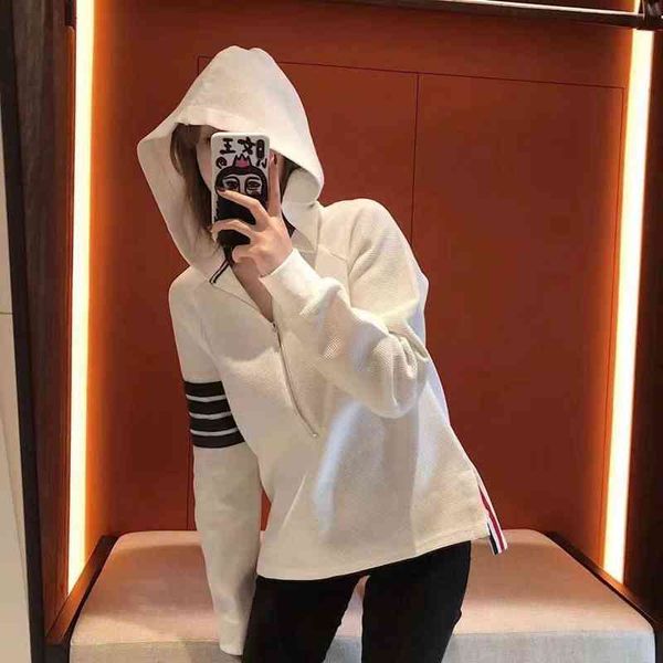 

tb hooded cardigan waffle half-zip wool knitted sweater jacket korean version loose tide couple hoodie, Black