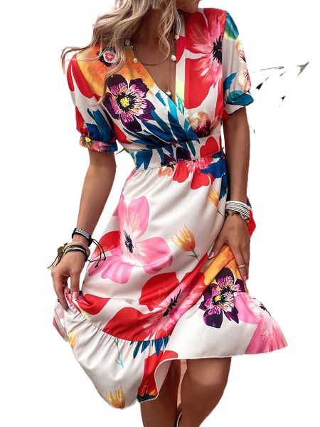 

floral print surplice neck ruffle hem dress y35y#, Black;gray