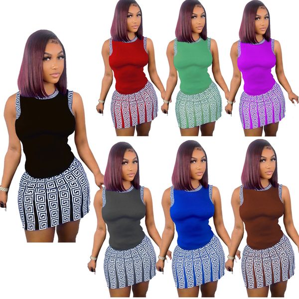 

summer position print tracksuits for women sleeveless round neck vest and mini skirts casual 2 piece skirt sets qc8068, Gray