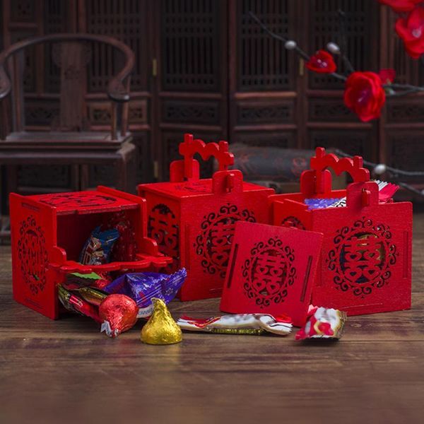 Geschenkpapier, 2 Stück, hölzerne Pralinenschachtel, chinesisches traditionelles Doppeltes Glück, ausgehöhlter Koffer, Hochzeitsbevorzugung, tragbare Quasten-Dekoration, Geschenkpapier, Geschenk