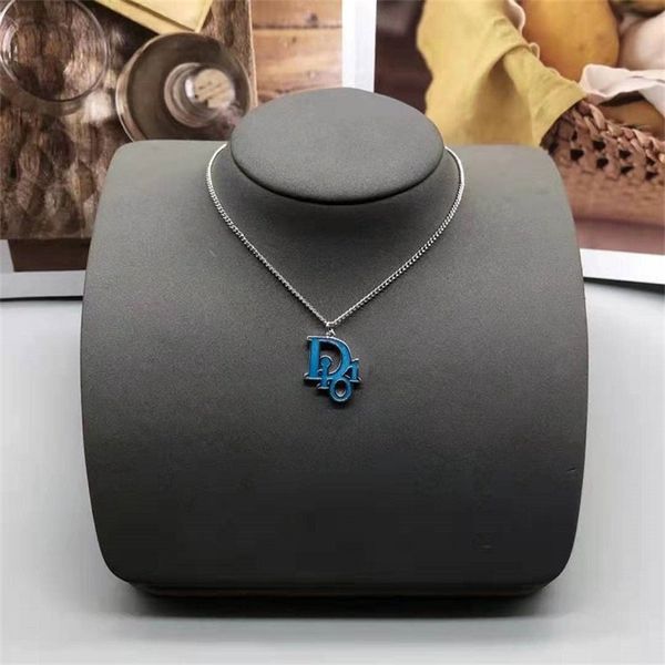 

letter blue glue clavicle chain necklace platinum brass sweater chain, Black