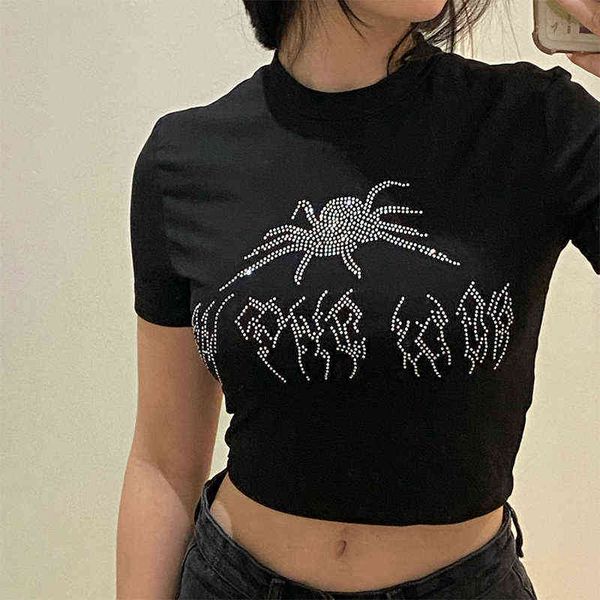 

punk vintage rhinestone spider goth graphic t shirt women y2k style crop o-neck tshirt black streetwear short sleeve t-shirt y220411, White