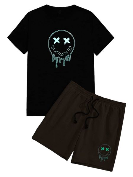 

men reflective cartoon face print tee & drawstring waist shorts 50he#, Gray