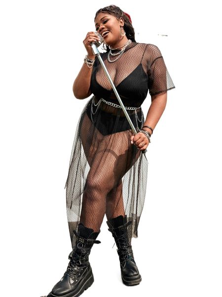 

sxy plus 1pc drop shoulder sheer mesh dress a5k0#, Black