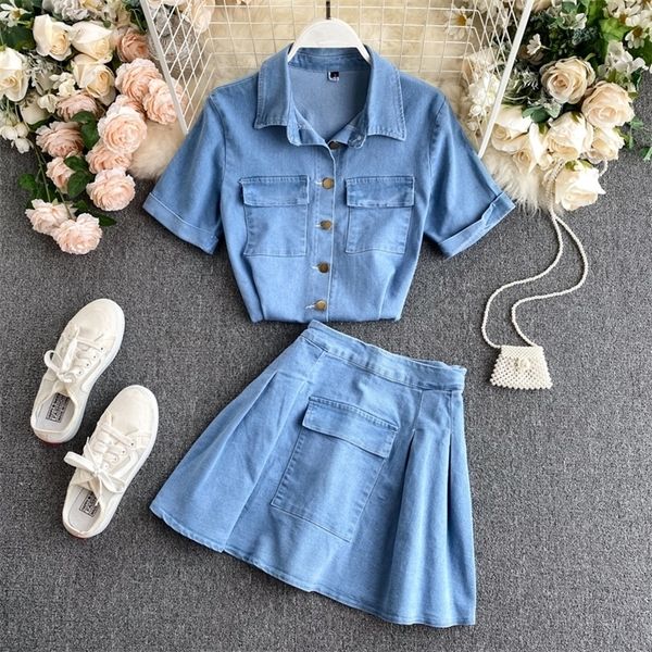 DEAT 2020 Zomer Koreaanse Stijl Korte Mouw Turn Down Kraag Blauw Denim Shirt Blouse Mini Rok Tweedelige Set Vrouwen outfits LJ201117