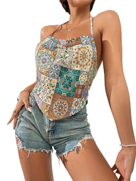 

patchwork print tie back halter t62c#, White