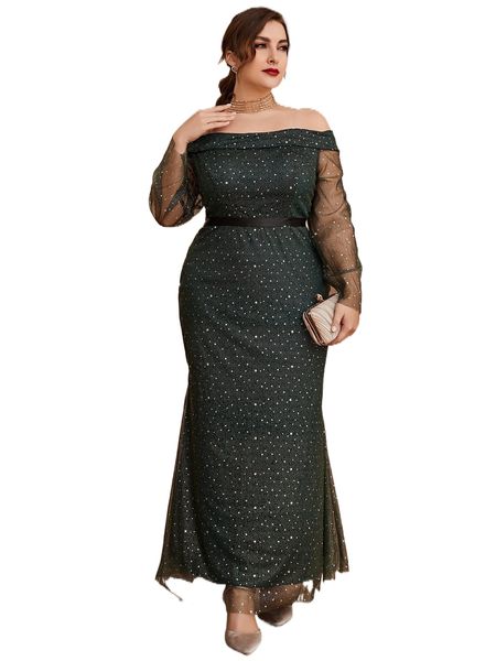 

plus off shoulder mesh panel prom dress w7yp#, Black