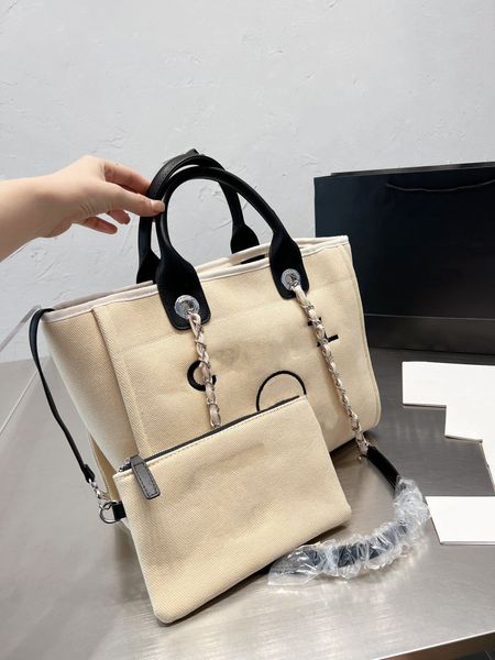 

2ss summer classic c brand handbag beach bag shopping bag cavan deauville chain handle large capacity pocket size beige women's two ton
