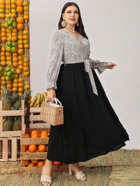 

plus leopard flounce sleeve belted dress q10u#, Black